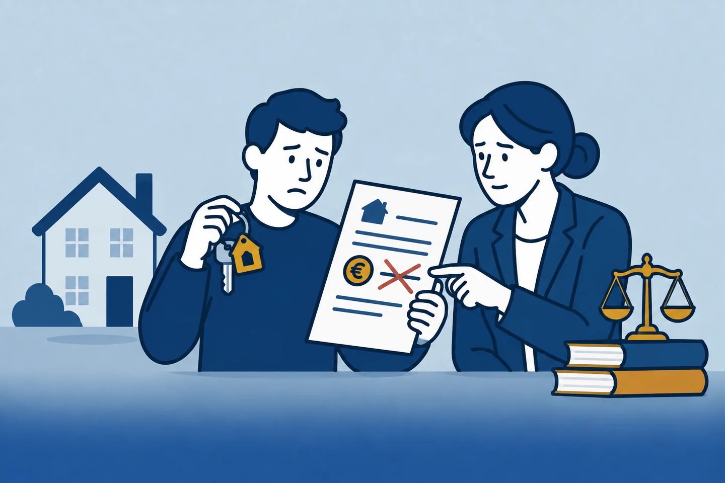 Illustration of a tenant and adviser reviewing a rental agency fee invoice beside house keys.