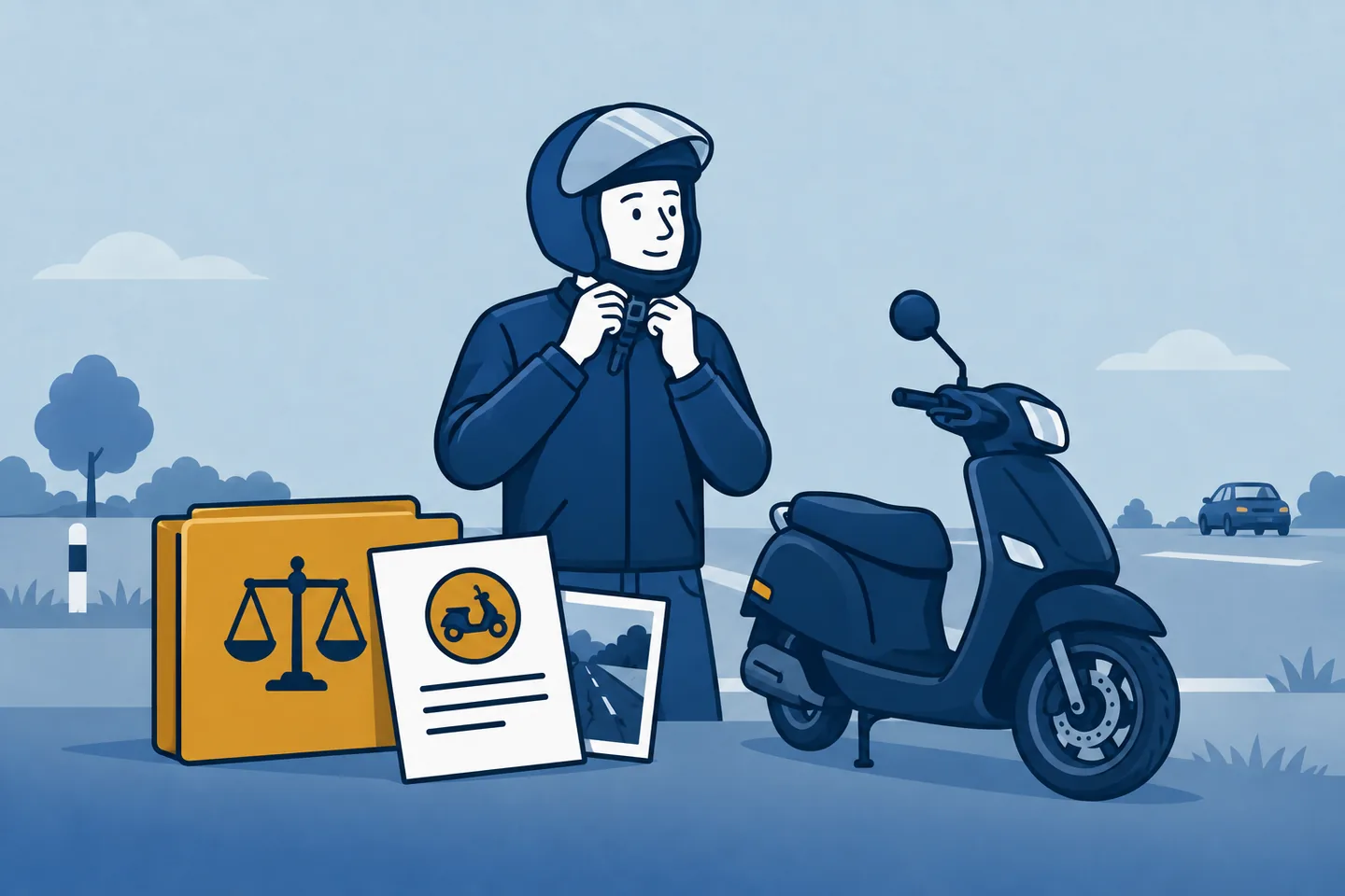 Kasklı scooter sürücüsü ve Hollanda’daki kaza tazminatı için hazırlanan dosya.