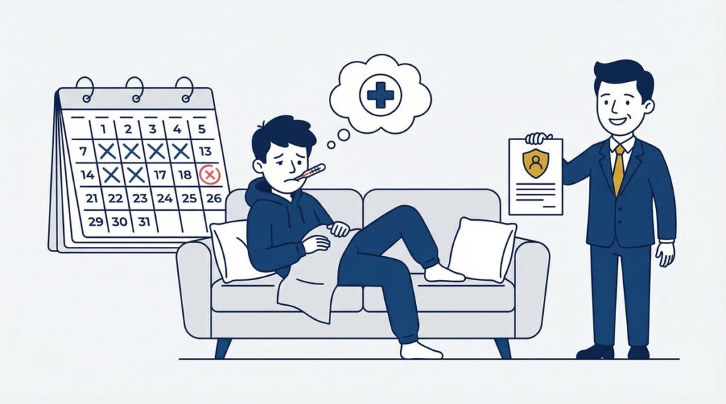 Sick employee on sofa with thermometer, calendar with crossed-out days, and man in suit holding a legal document.
