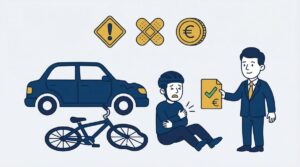 Illustration of an injured cyclist receiving a compensation document from a lawyer after a car accident.