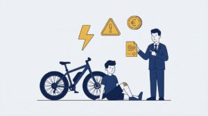 Illustration of a lawyer assisting an injured person sitting near a fatbike.