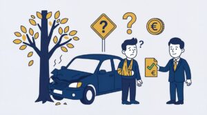 Illustration of a lawyer helping an injured driver next to a crashed car.