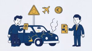 Man with passport and lawyer near damaged car
