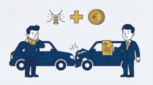 Illustration of a driver with a neck brace after a rear-end collision, and a lawyer holding a medical claim.