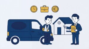 Illustration of an injured person next to a damaged van speaking to a lawyer