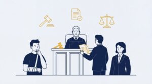 Illustration of a courtroom scene with an injured man, a judge, and lawyers