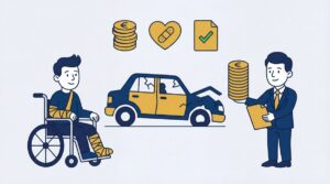 Illustration of an injured person and a lawyer holding coins.
