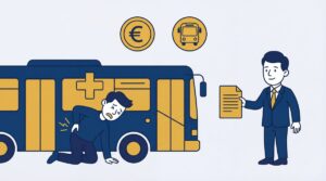 Illustration of a person injured near a bus and a lawyer holding a document.