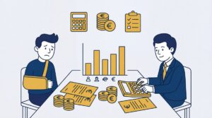 Illustration of a lawyer calculating compensation for an injured client at a desk.