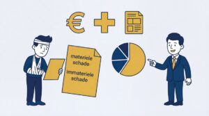 Illustration of an injured man and a lawyer discussing material and immaterial damages.