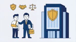 Illustration of a lawyer comforting an injured person with a broken arm