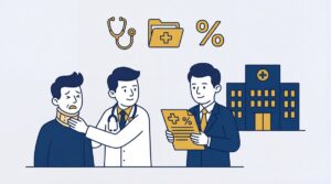 Illustration of a doctor and lawyer assisting an injured patient.