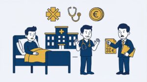 Illustration of a lawyer confronting a doctor near a patient in a hospital bed.