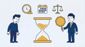 Illustration of a sad person, hourglass, and lawyer with a stop sign.