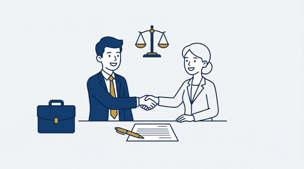 Two professionals shaking hands across a desk with a document, pen, and a scale of justice