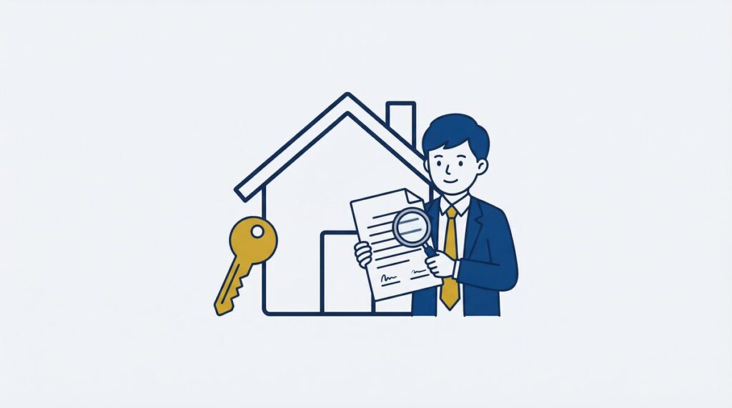 Illustration of a man in a suit holding a contract and magnifying glass, next to a house and a large key.