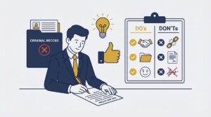 Illustration of a person filling out a VOG application, with a criminal record folder and a dos and don'ts list.