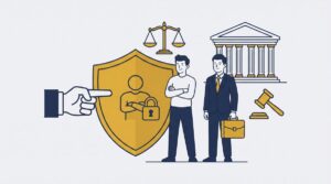 Illustration of a person being protected by a lawyer with a shield.
