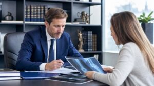 Lawyer and client reviewing knee x-rays together.
