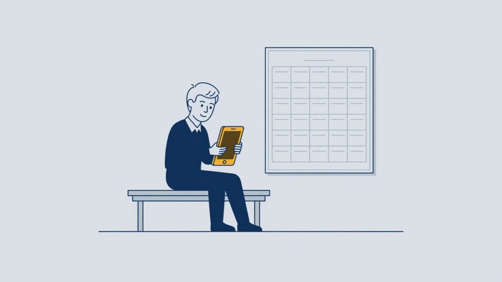 Illustration: a young on-call worker waits on a bench by a silent phone and an empty schedule, zero-hours contract