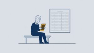 Illustration: a young on-call worker waits on a bench by a silent phone and an empty schedule, zero-hours contract
