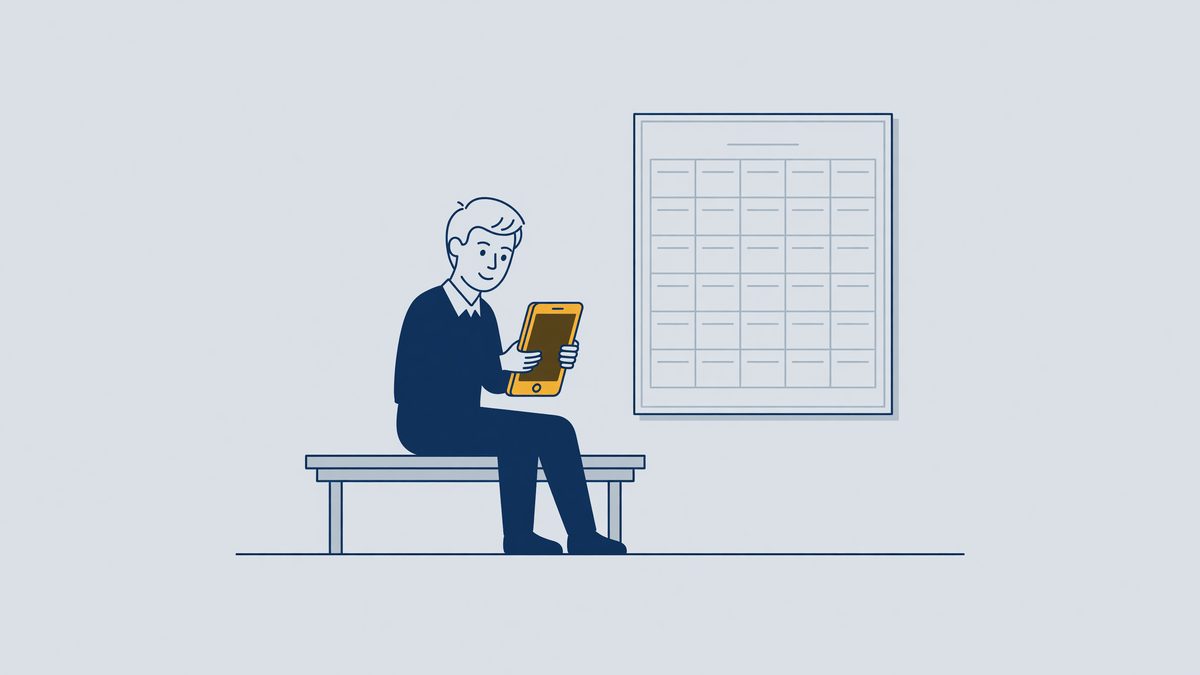 Illustration: a young on-call worker waits on a bench by a silent phone and an empty schedule, zero-hours contract