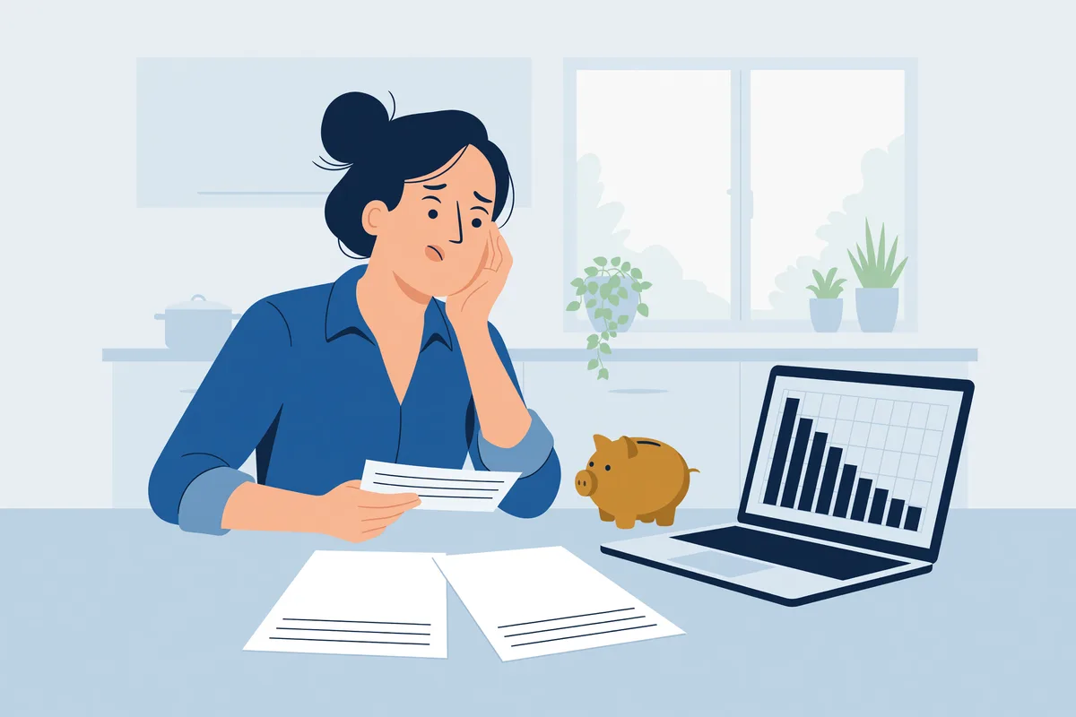 Illustratie van een vrouw aan de keukentafel die bankafschriften vergelijkt met een dalende grafiek op haar laptop.