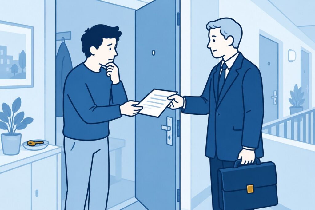 Huurder bespreekt een ontvangen brief met een deurwaarder bij de open voordeur.
