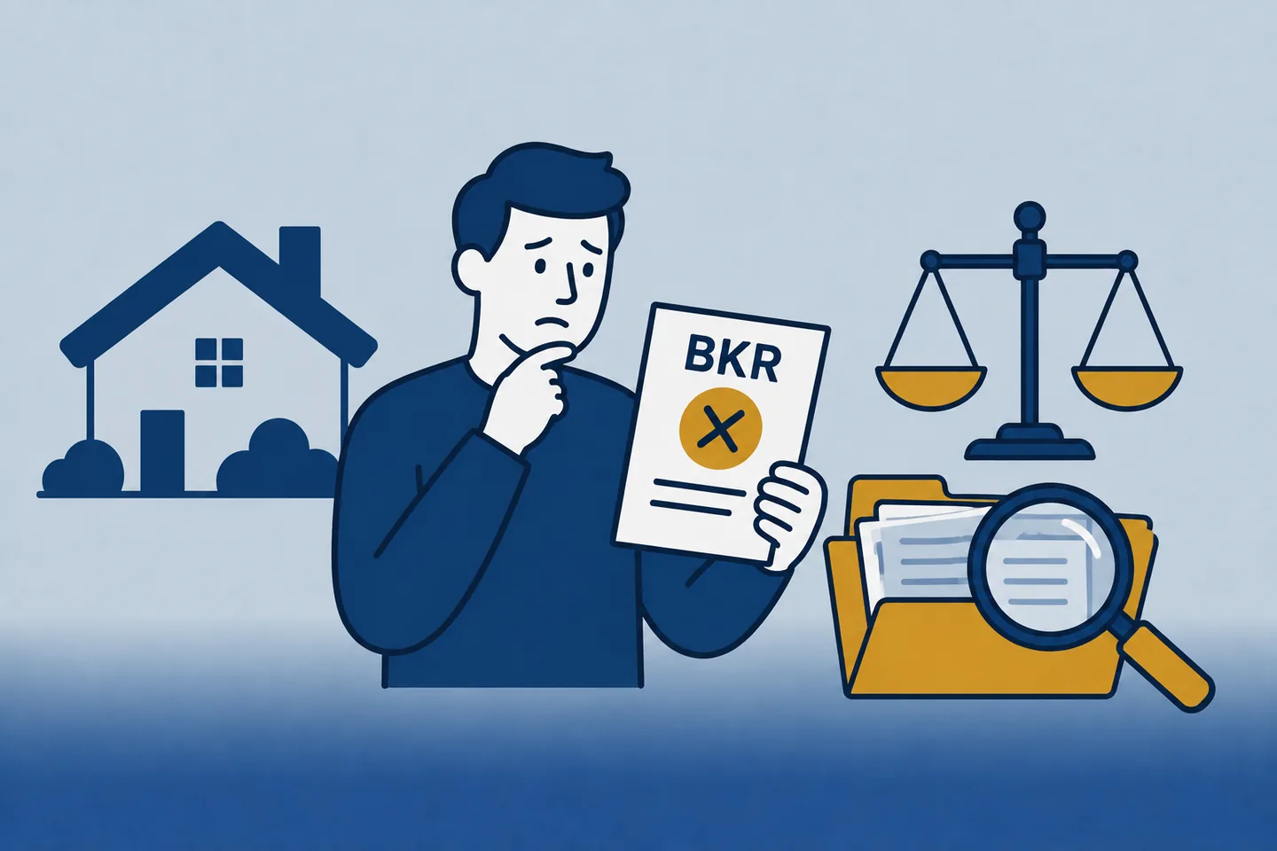 Illustratie van een afgewezen BKR-verzoek met een dossier, vergrootglas en woning.