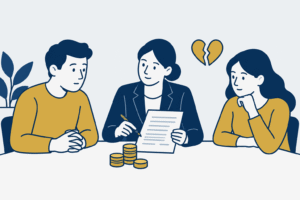 Twee voormalige partners bespreken een document en geldbedragen met een juridisch adviseur.
