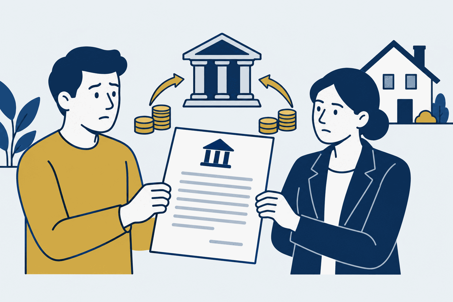 Voormalige partners houden een gezamenlijk leningdocument vast met een bank en woning op de achtergrond.