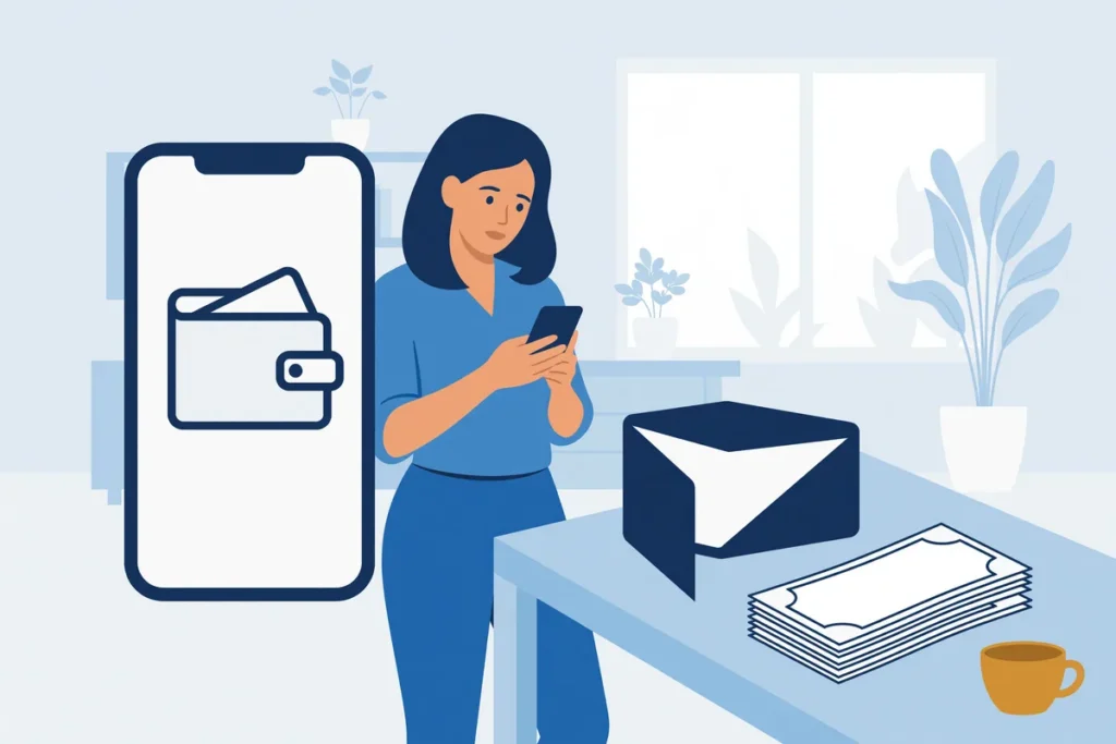 Illustratie van een vrouw die op haar telefoon ziet dat de gezamenlijke rekening leeg is, naast een stapel rekeningen.