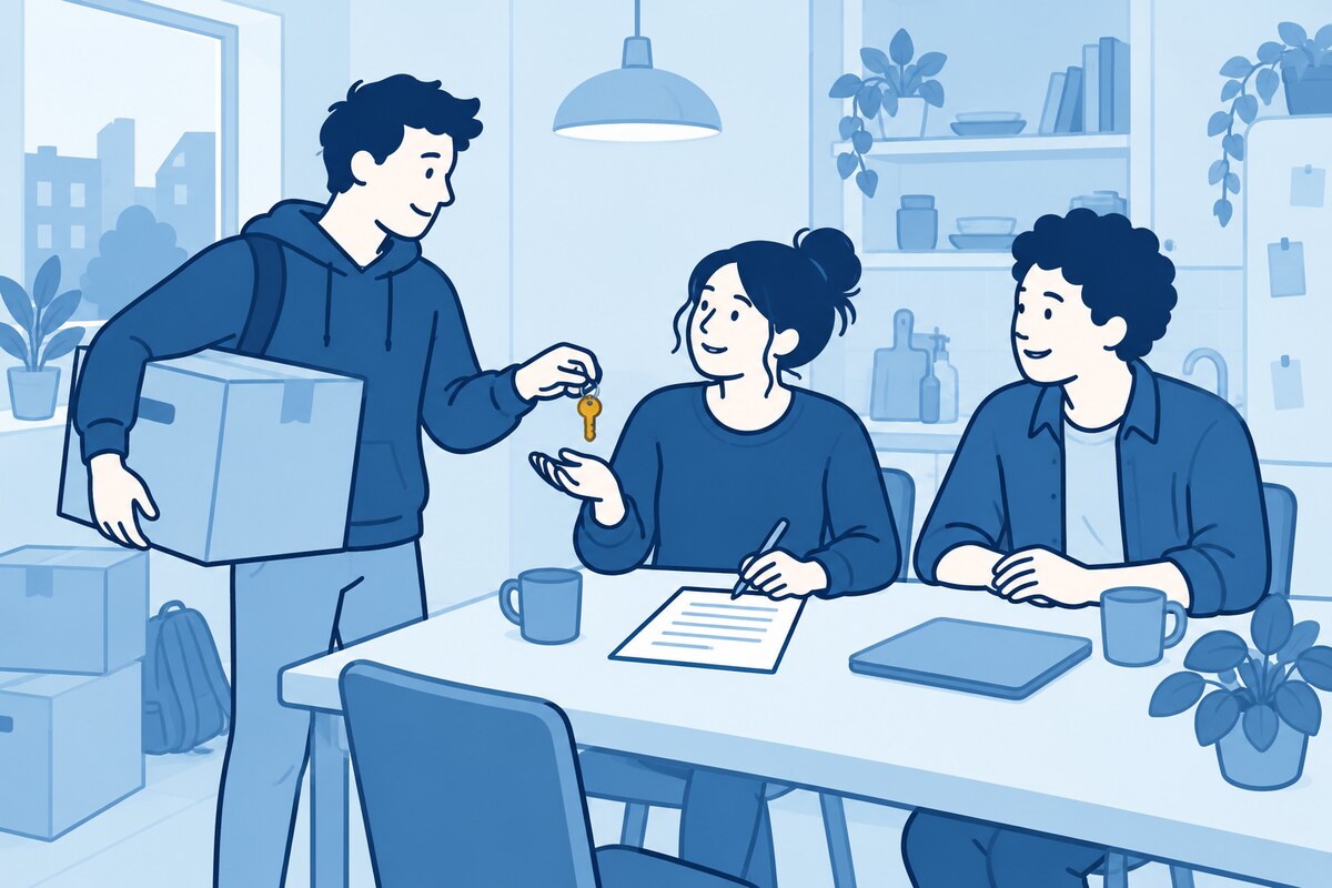 Huisgenoten bespreken een huurafspraak en sleuteloverdracht naast een verhuisdoos.
