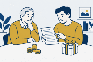 Een ouder en volwassen kind bespreken een leningdocument naast munten en een cadeau.