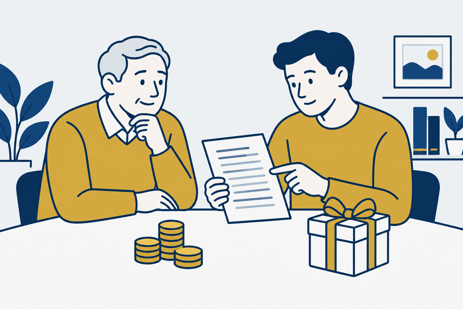 Een ouder en volwassen kind bespreken een leningdocument naast munten en een cadeau.