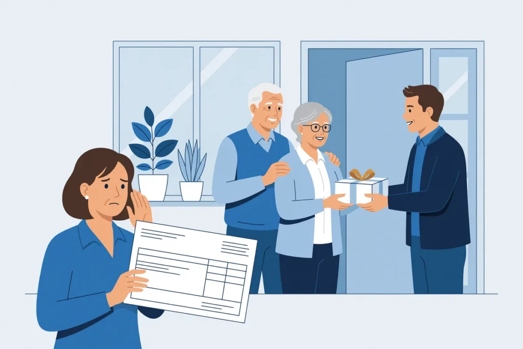 Illustratie van een man die ouders een cadeau geeft terwijl zijn partner bezorgd naar een overschrijving kijkt.