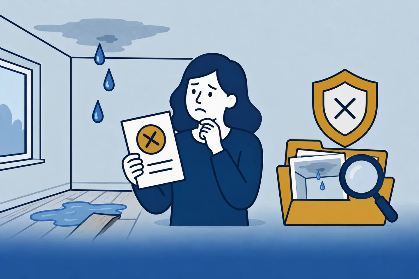 Illustratie van een bewoner die een afwijzing van waterschade en het lekkagedossier bekijkt.