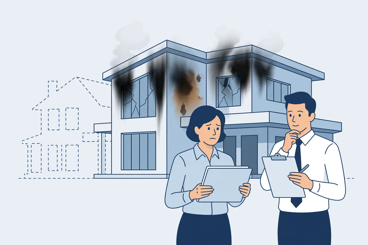 Huiseigenaar en verzekeringsadviseur bij een nieuwbouwwoning met brandschade, naast de omtrek van het gesloopte oude huis
