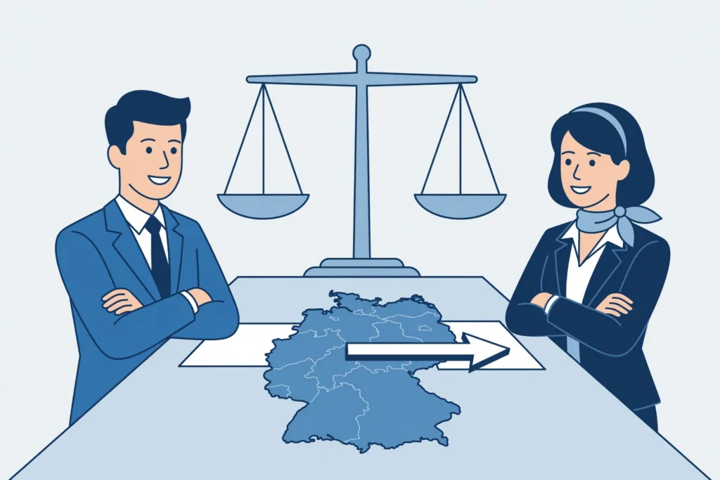 Twee aandeelhouders zitten tegenover elkaar aan een vergadertafel met een kaart van Duitsland tussen hen in