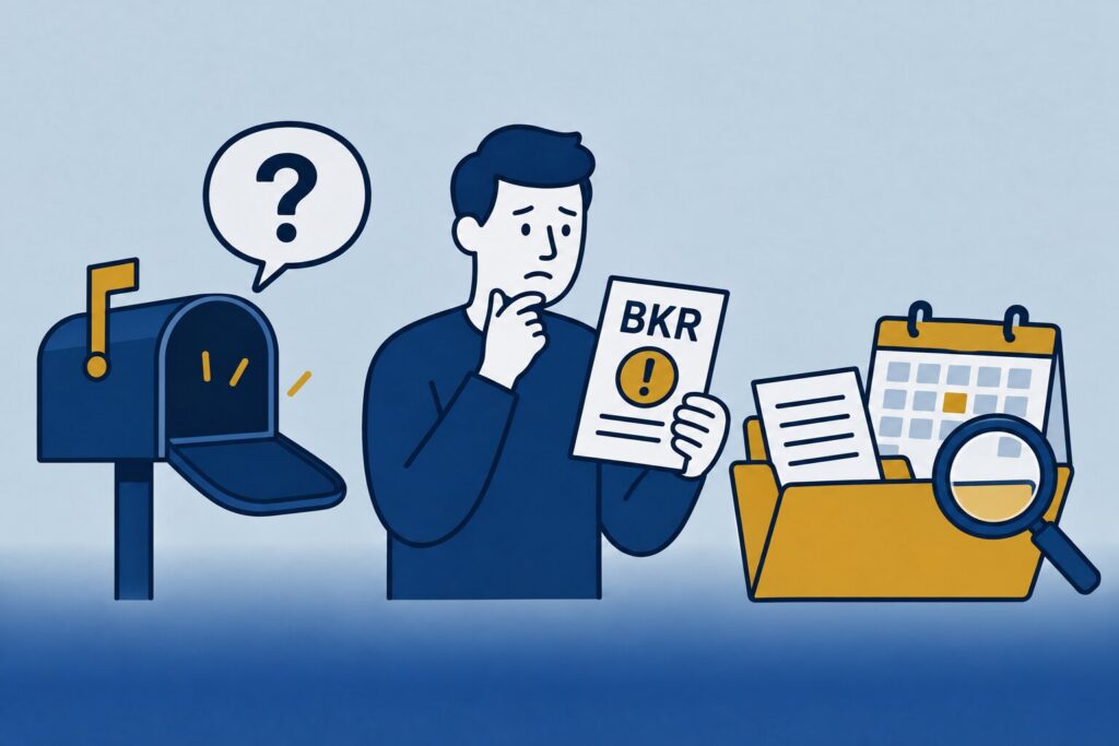 Persoon met BKR-registratie naast een lege brievenbus en documentenonderzoek.