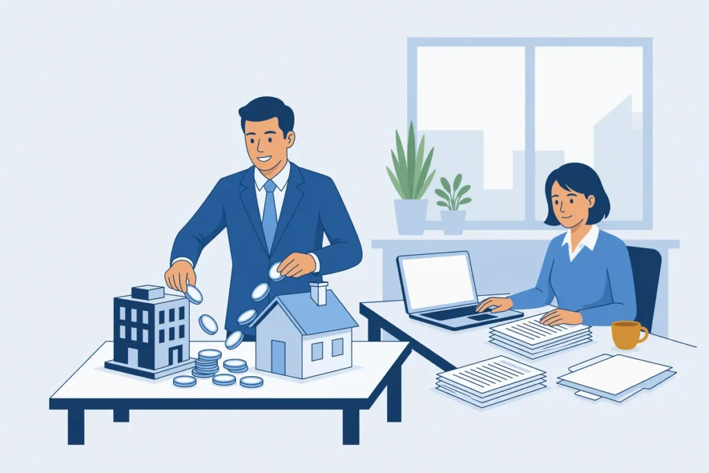 Illustratie van een ondernemer die munten van een kantoorpand naar een woning verplaatst terwijl een boekhouder de administratie controleert.