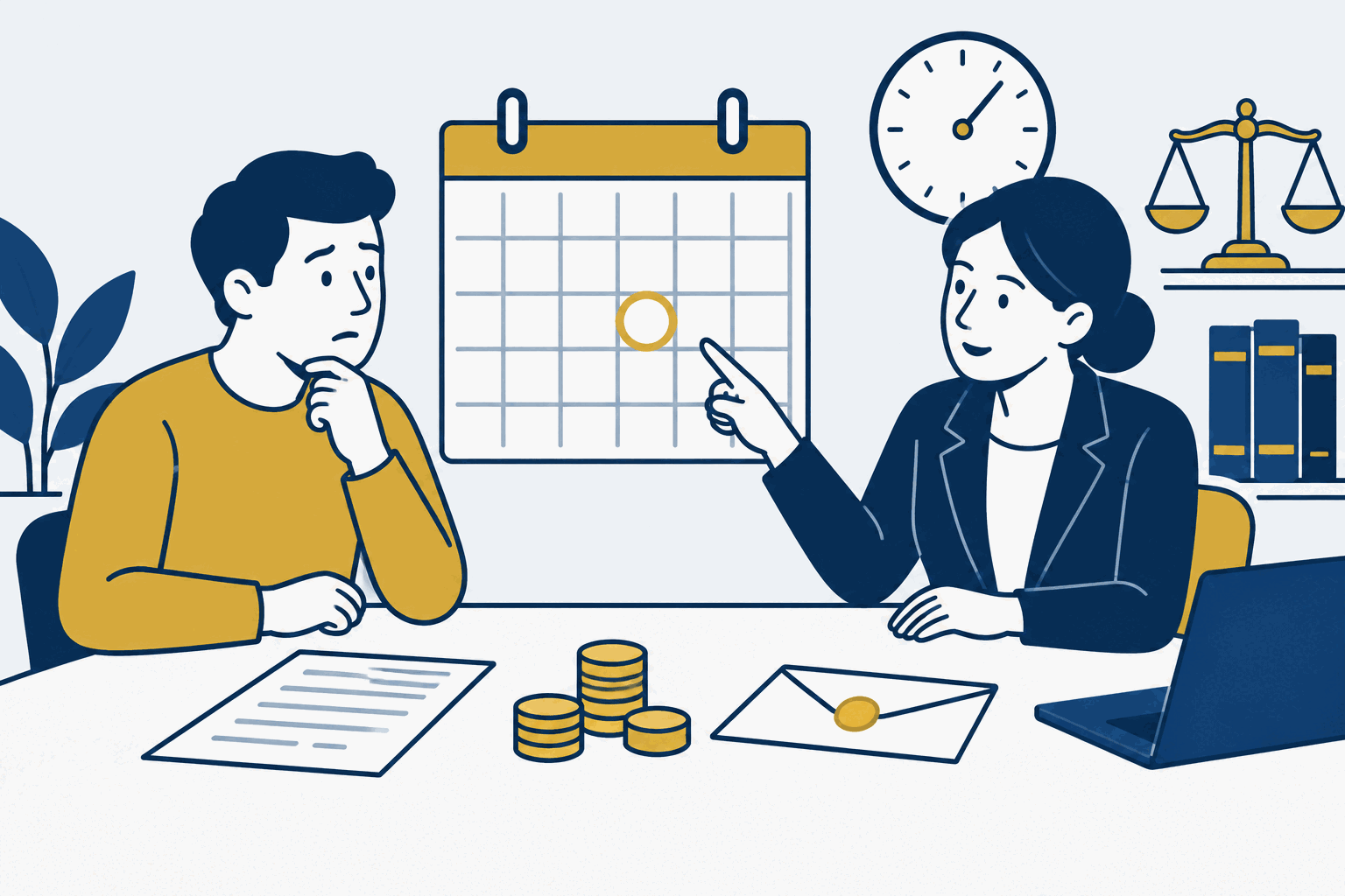 Adviseur bespreekt een kalender en een brief met een cliënt bij een leningdossier.