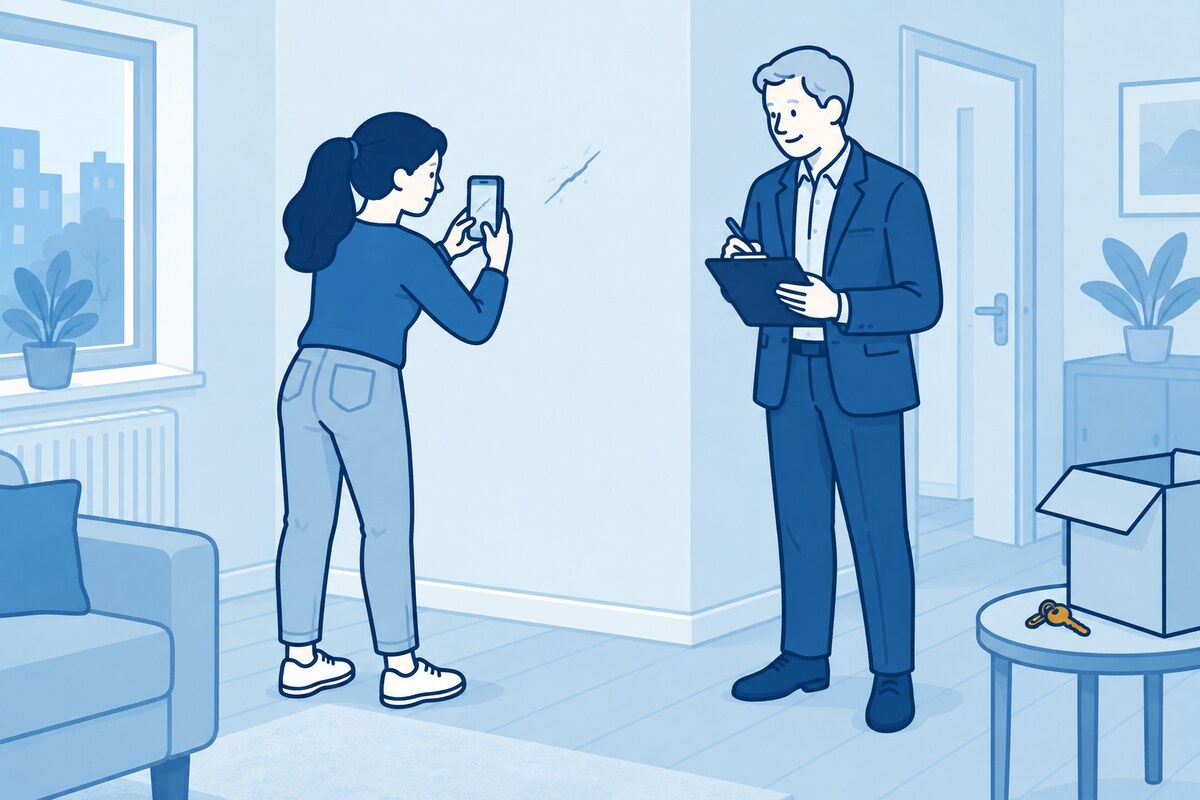 Huurder fotografeert een beschadiging terwijl een inspecteur de staat van de woning vastlegt.
