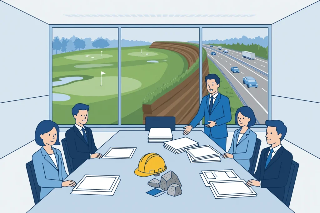 Bestuurder bespreekt documenten in een vergaderzaal met uitzicht op een golfbaan en een geluidswal
