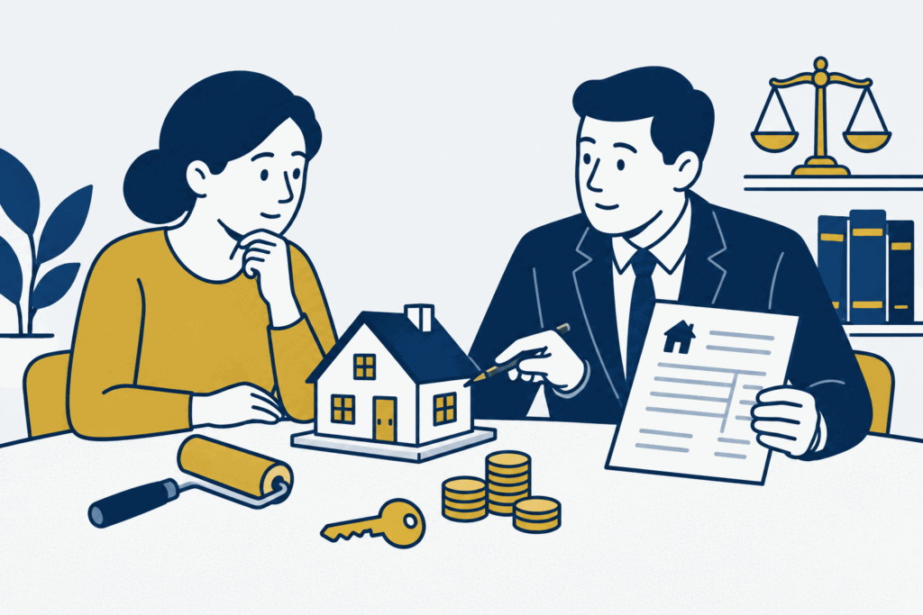 Cliënt en adviseur bekijken een woningmodel en een verbouwingsfactuur naast een sleutel en munten.