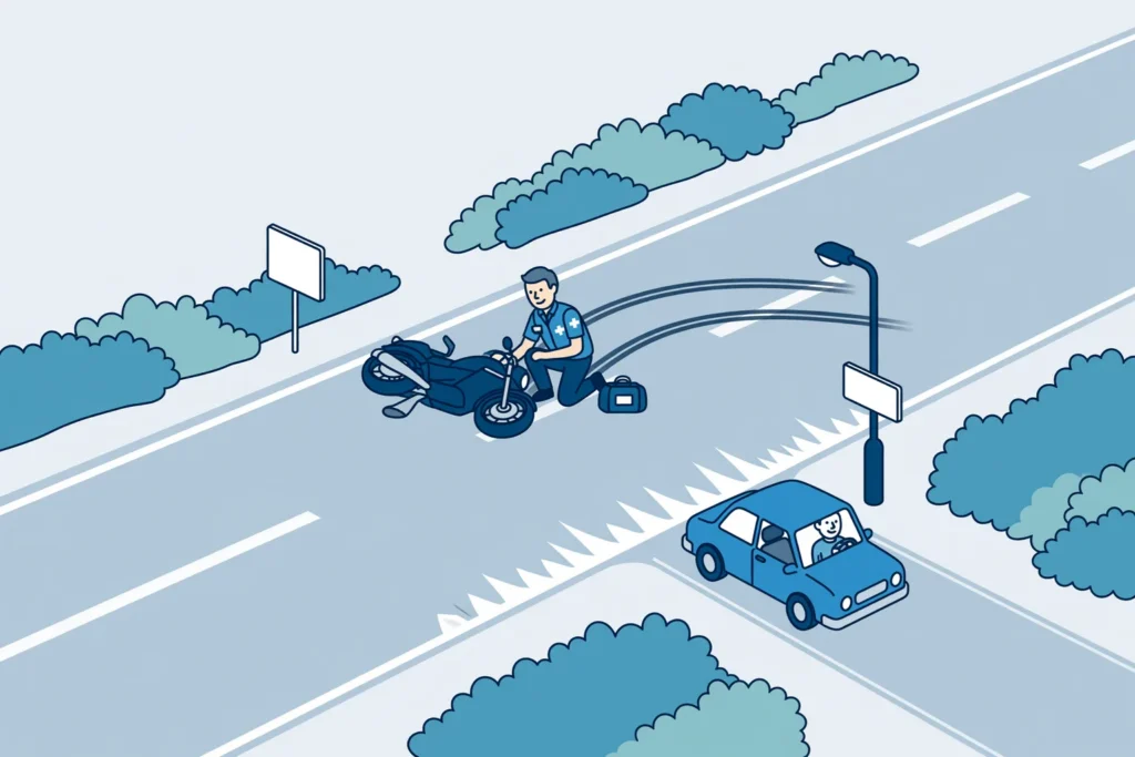 Motor ligt op het wegdek vlak voor een kruising met haaientanden, terwijl een auto op de zijweg wacht