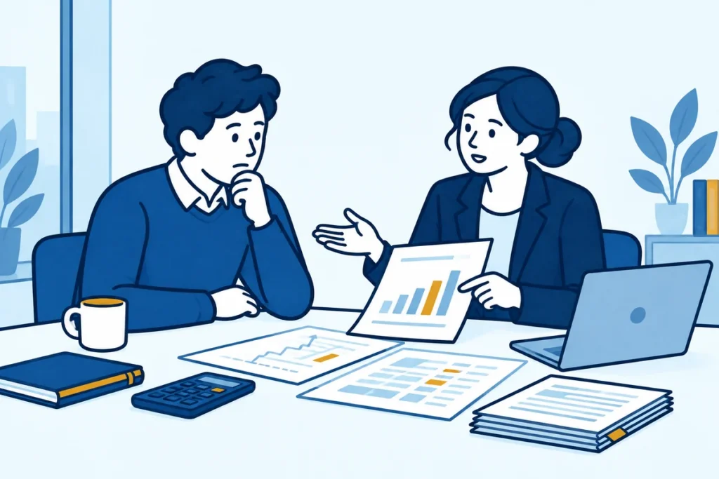 Ondernemer en adviseur bespreken een realistische liquiditeitsplanning.