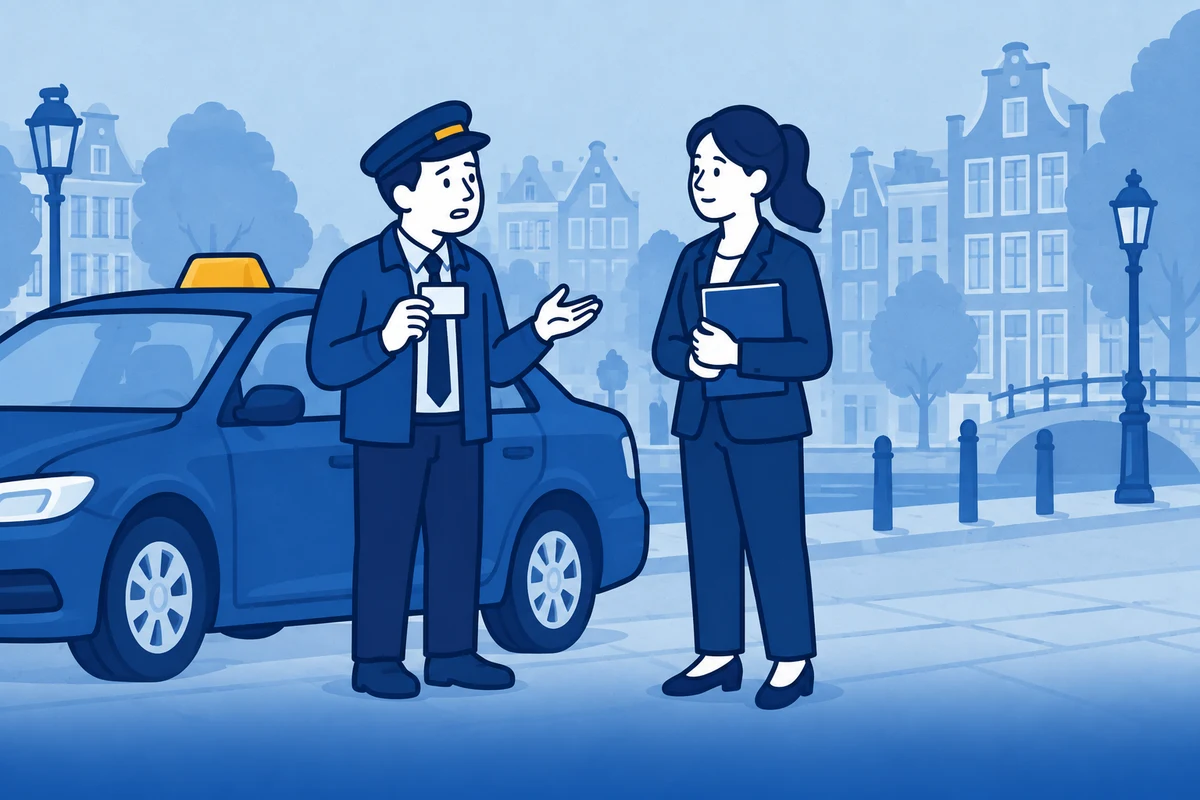 Taxichauffeur bespreekt een VOG en chauffeurskaart met een adviseur.