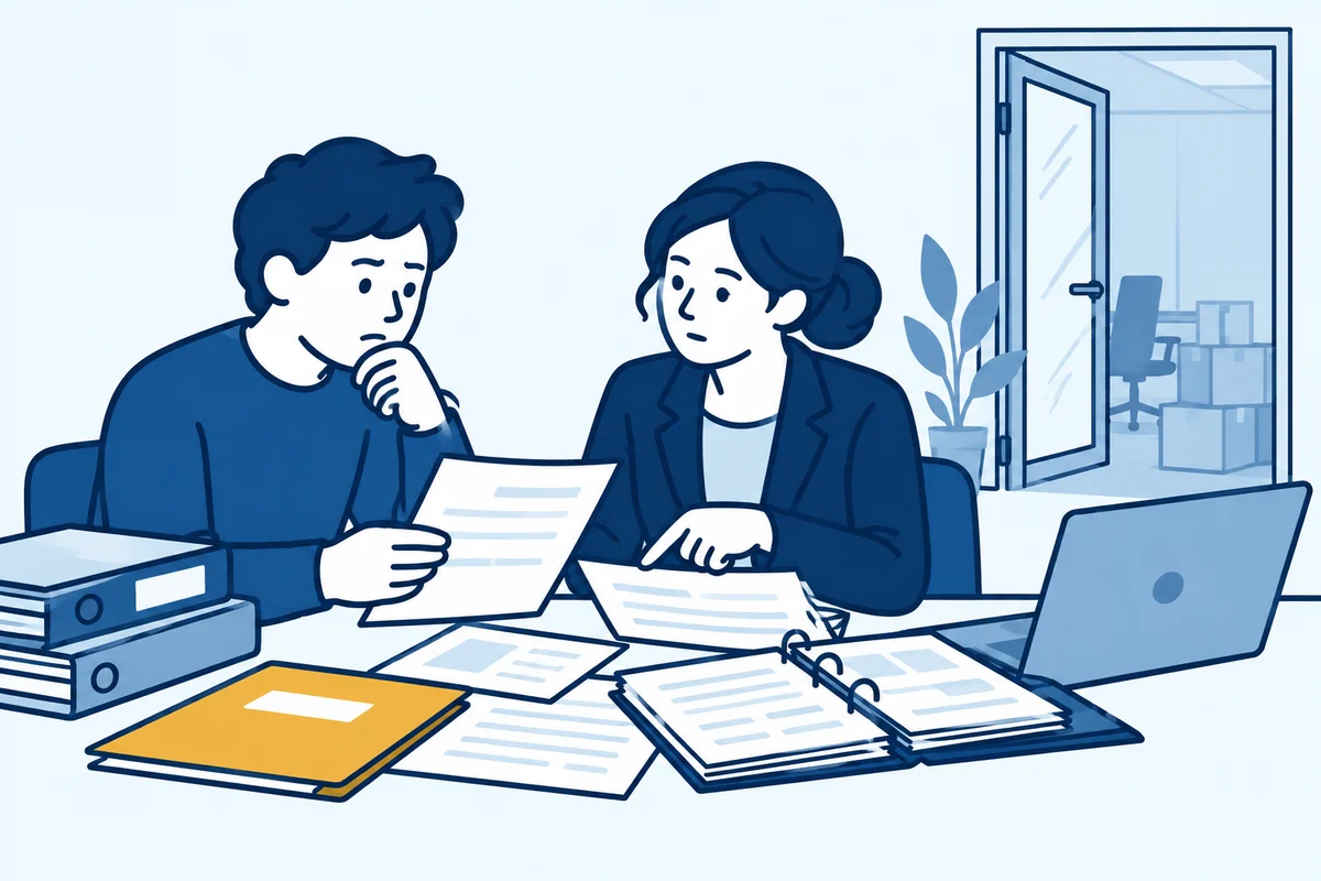 Leverancier en advocaat onderzoeken de administratie van een gesloten bedrijf.