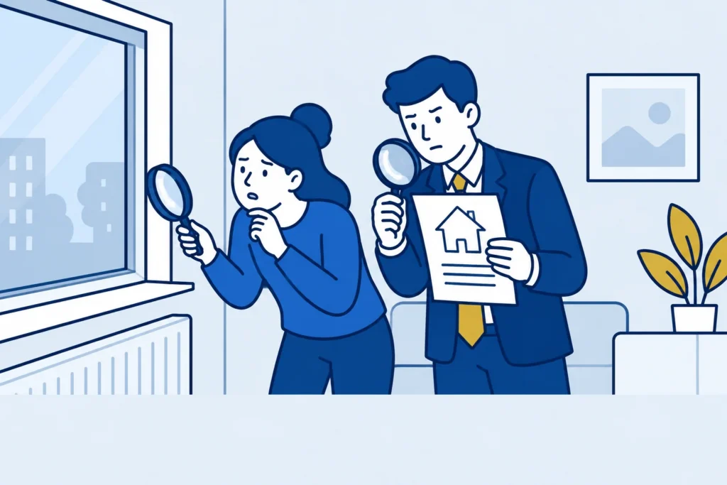 Huurder en adviseur onderzoeken een raam en een woningdocument met vergrootglazen